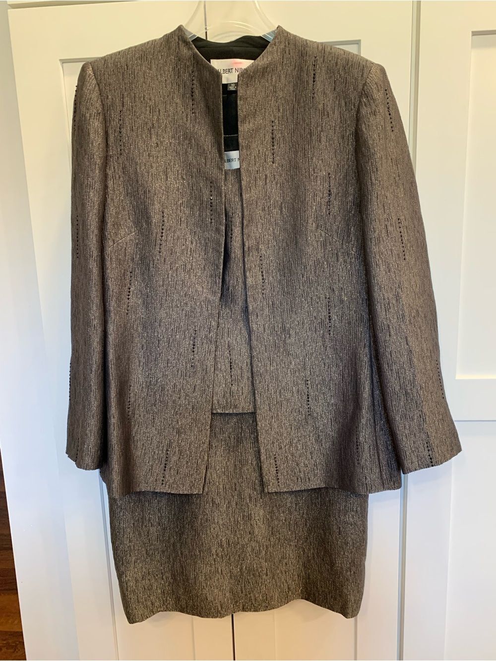 ALBERT NIPON 3-Piece Skirt Suit Set Women's 10 Shimmer Black Gold Silver Beaded - Picture 2 of 15